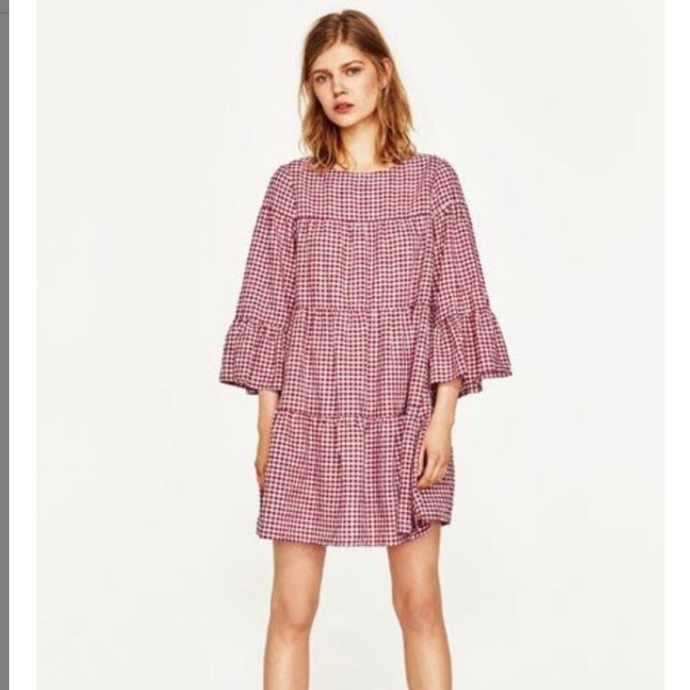 Zara Red and White Mini Gingham Tiered Dress Small